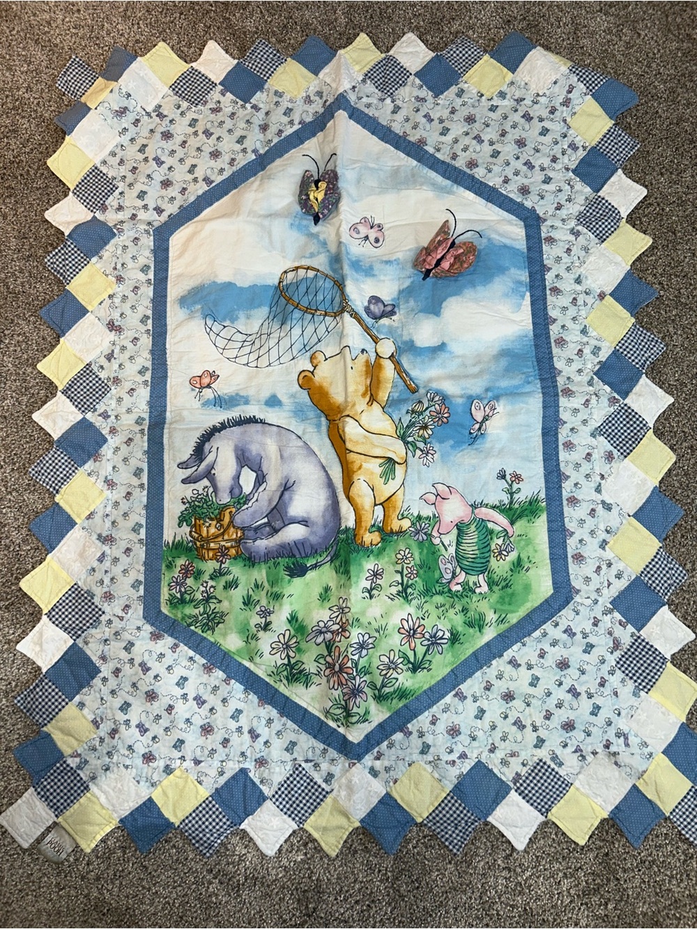 Children's Blue & Yellow Winnie-Themed Patchwork Quilt